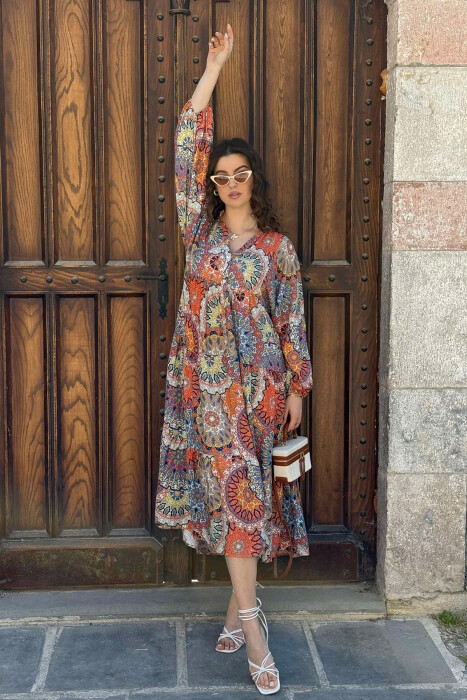 DIFFERENT DESIGN HALF SLEEVE LONG WOMEN DRESS ORANGE/PORTOKALLI - 2