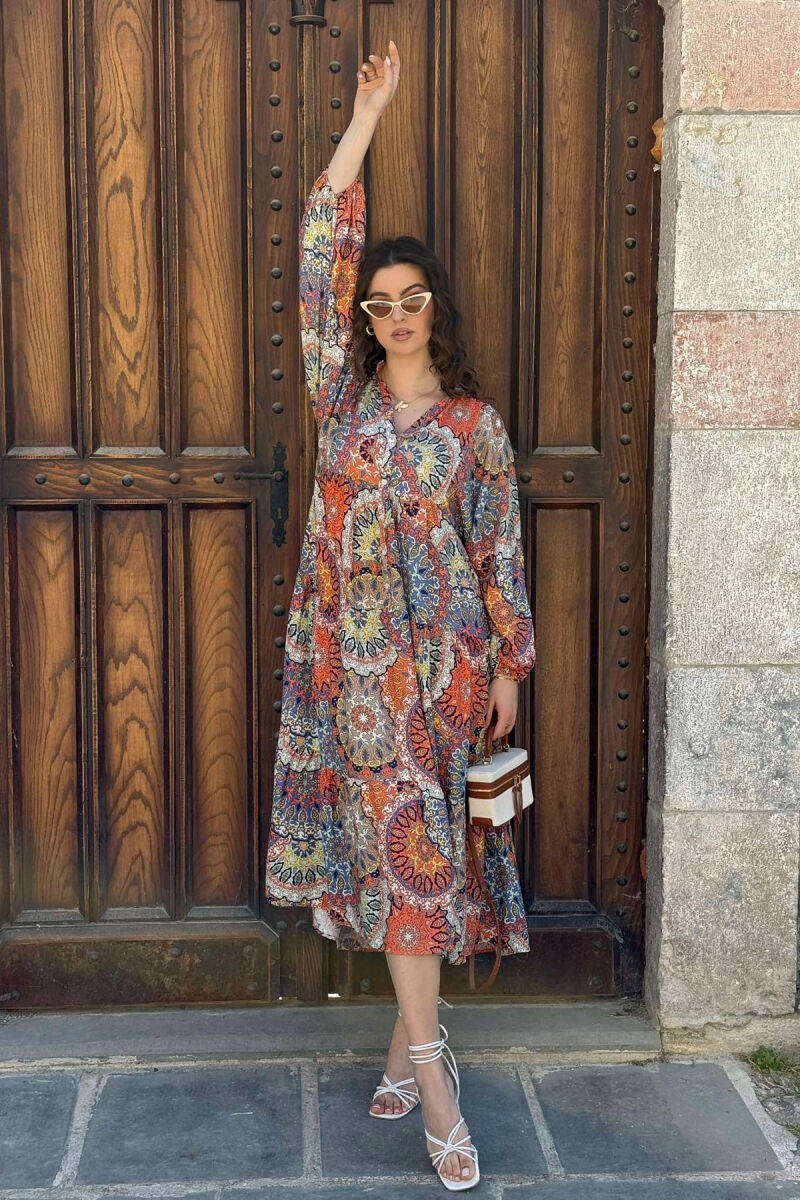 DIFFERENT DESIGN HALF SLEEVE LONG WOMEN DRESS ORANGE/PORTOKALLI - 2