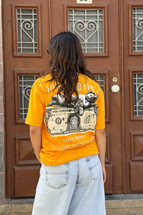 DOLLAR IMAGE WRITTING WOMEN T-SHIRT MUSTARD/MUSTARDE - 4