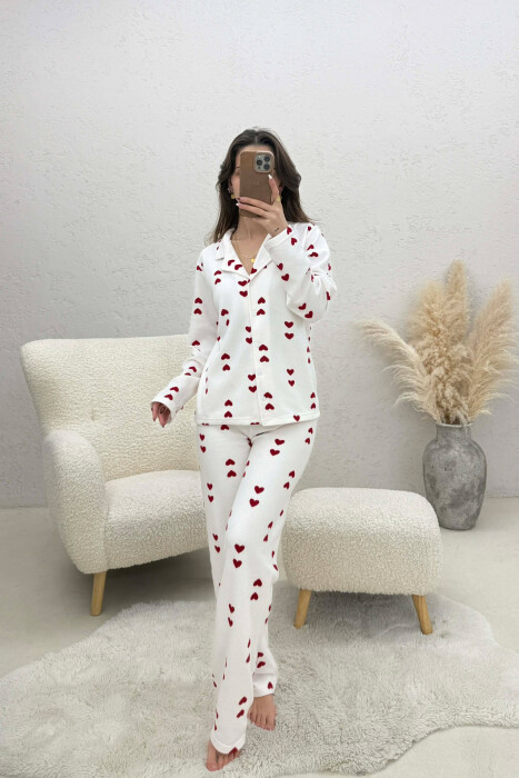 DOUBLE HEARTS DESIGN SHIRT+TROUSERS WOMEN PYJAMAS WHITE-RED/BAKU - KLAUDIO FASHION