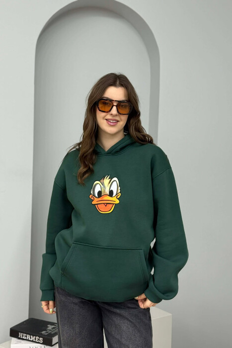 HOODIE ME PUSH DHE ME IMAZH ROSAKU NE PJESEN PARA PER FEMRA NE NGJYRE JESHILE 