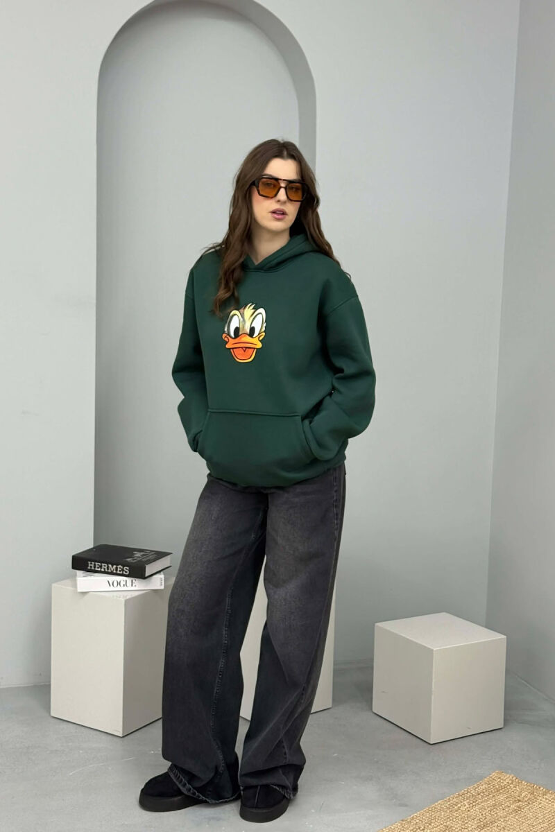 DUCK FRONT IMAGE FLUFFY WOMEN HOODIE GREEN/JESHILE - 5