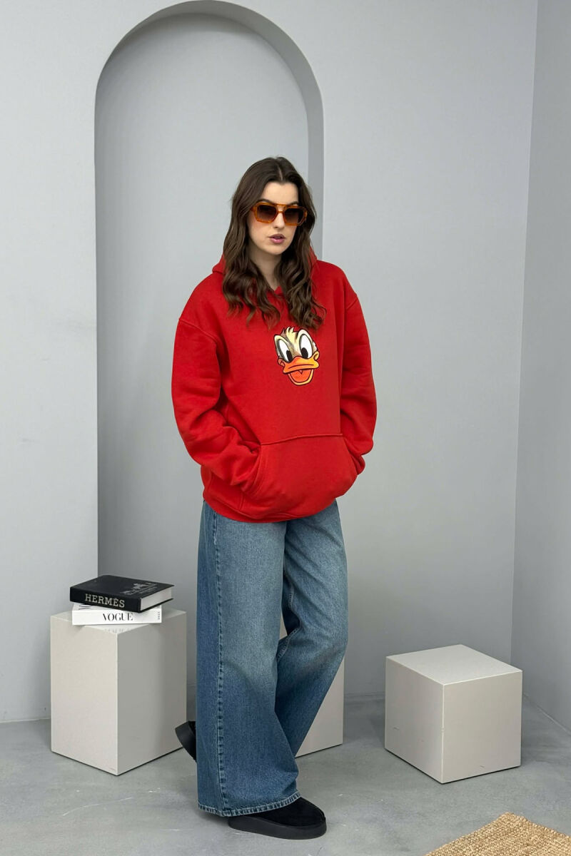 DUCK FRONT IMAGE FLUFFY WOMEN HOODIE RED/E KUQE - 5