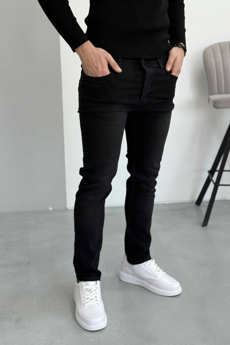 ELASTIC HIDDEN BUTTON FLY MEN JEANS BLACK/ E ZEZE - KLAUDIO FASHION