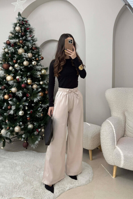 ELASTIC LACING WAIST SHINNY WOMEN TROUSERS BEIGE/BEZHE - KLAUDIO FASHION