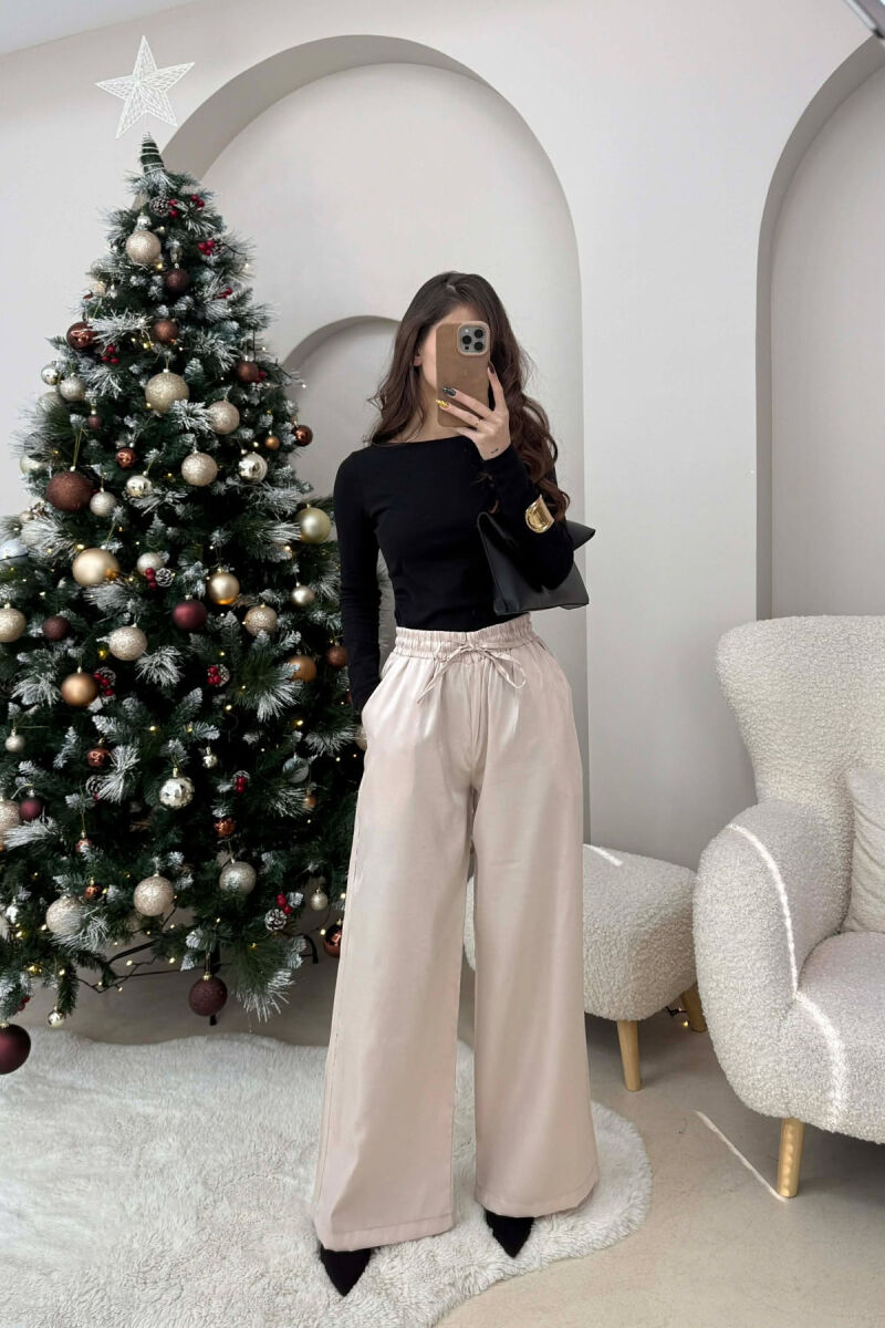 ELASTIC LACING WAIST SHINNY WOMEN TROUSERS BEIGE/BEZHE - 2