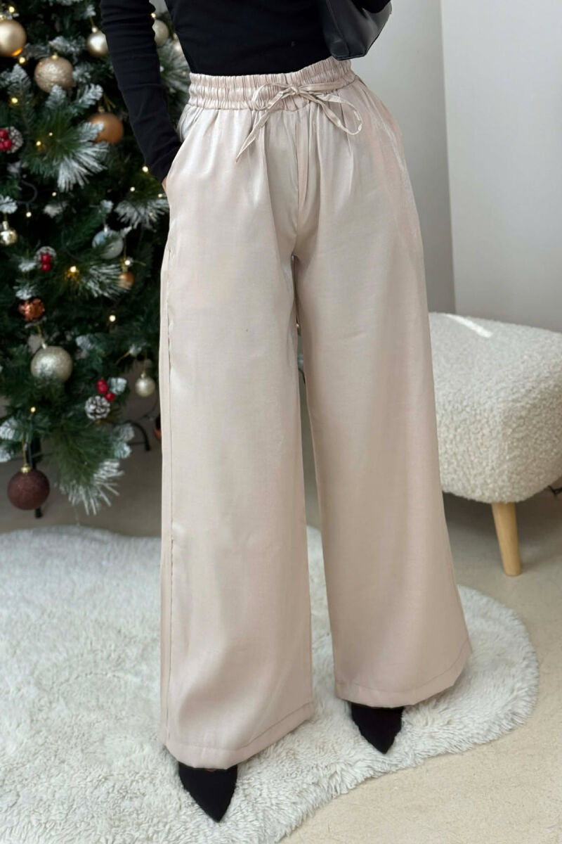 ELASTIC LACING WAIST SHINNY WOMEN TROUSERS BEIGE/BEZHE - 3