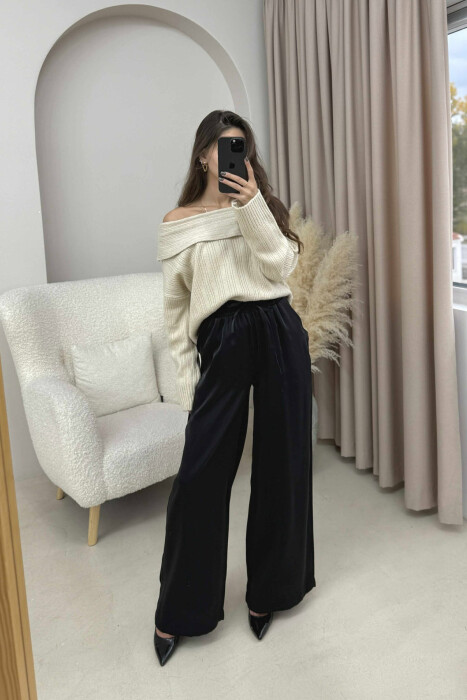 ELASTIC LACING WAIST SHINNY WOMEN TROUSERS BLACK/ E ZEZE - KLAUDIO FASHION