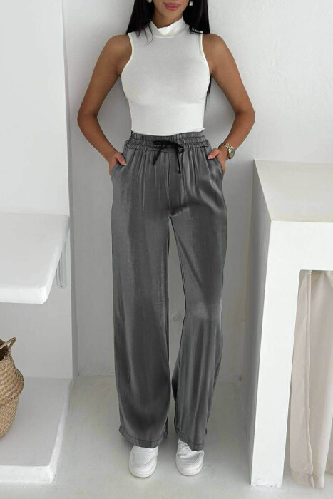 ELASTIC LACING WAIST SHINNY WOMEN TROUSERS DARK GREY/GEE - KLAUDIO FASHION