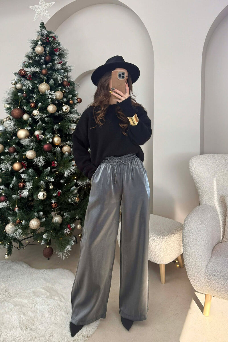 ELASTIC LACING WAIST SHINNY WOMEN TROUSERS DARK GREY/GEE - 1