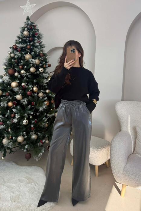 ELASTIC LACING WAIST SHINNY WOMEN TROUSERS DARK GREY/GEE - 2