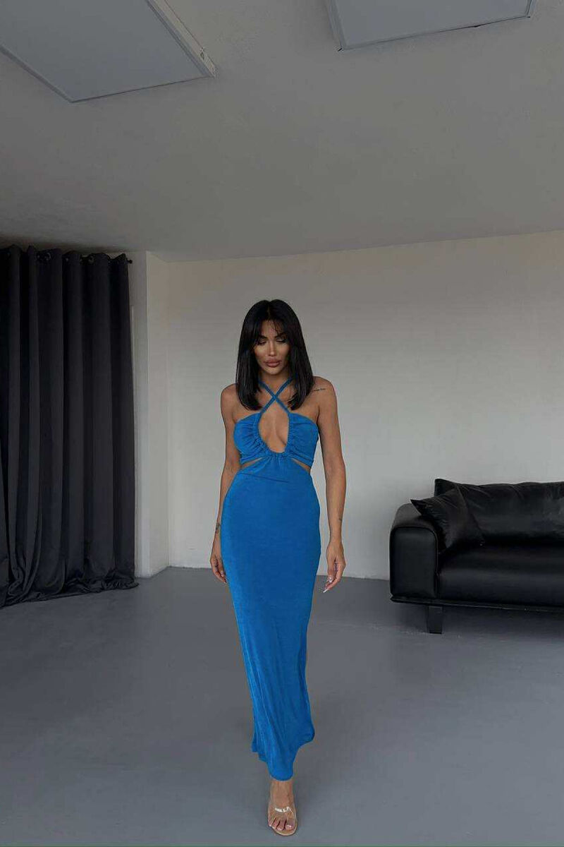 ELASTIC ONE COLOR LONG WOMEN DRESS LIGHTBLUE/BZ - 6