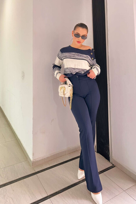 ELASTIC ONE COLOR WOMEN TROUSERS DARK BLUE/BEE 