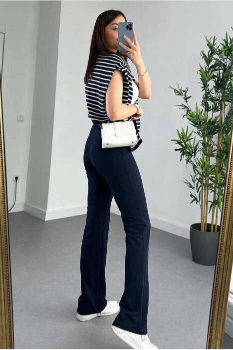 ELASTIC ONE COLOR WOMEN TROUSERS DARK BLUE/BEE - 2