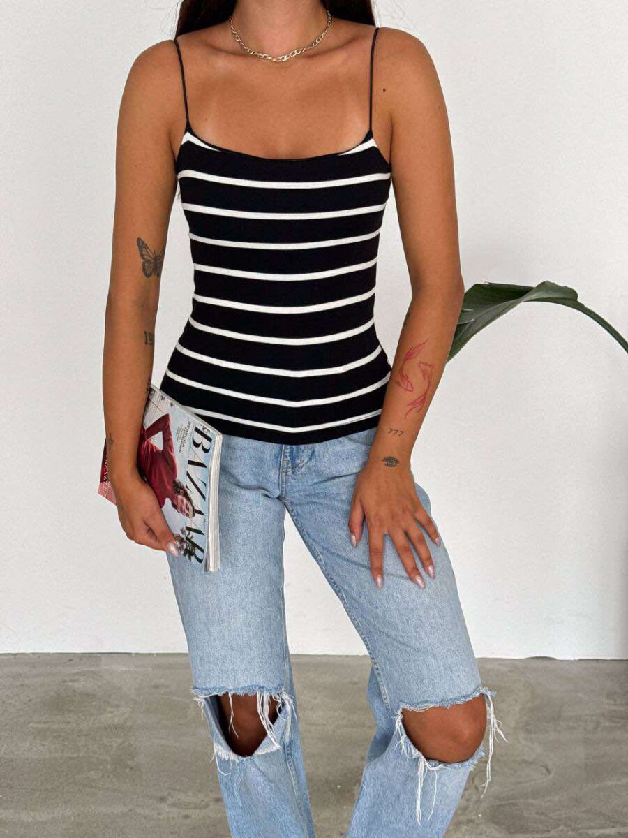 ELASTIC STRAPS STRIPE WOMEN TANK TOP IN BLACK-WHITE COLOR - 1