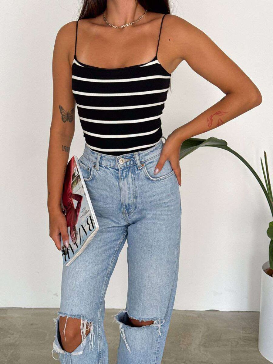 ELASTIC STRAPS STRIPE WOMEN TANK TOP IN BLACK-WHITE COLOR - 2