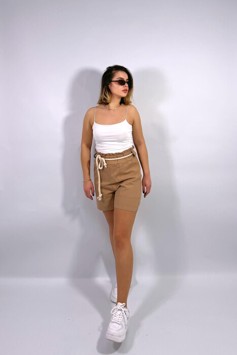 ELASTIC WAIST AND LACING WOMEN SHORTS BEIGE/BEZHE - 3