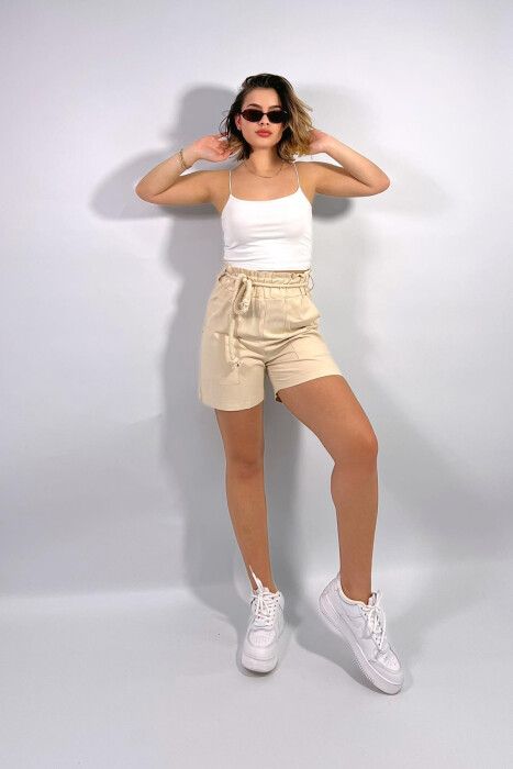 ELASTIC WAIST AND LACING WOMEN SHORTS CREAM/KREM 