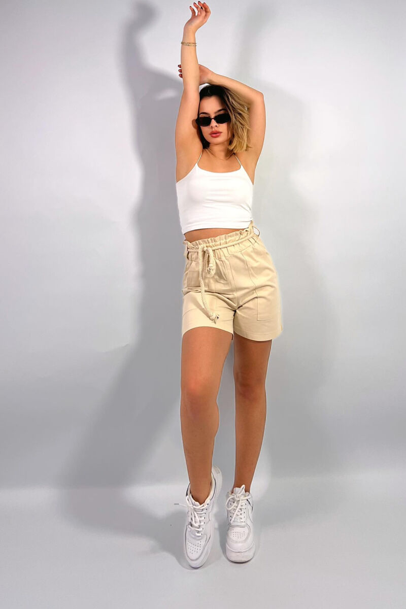 ELASTIC WAIST AND LACING WOMEN SHORTS CREAM/KREM - 2
