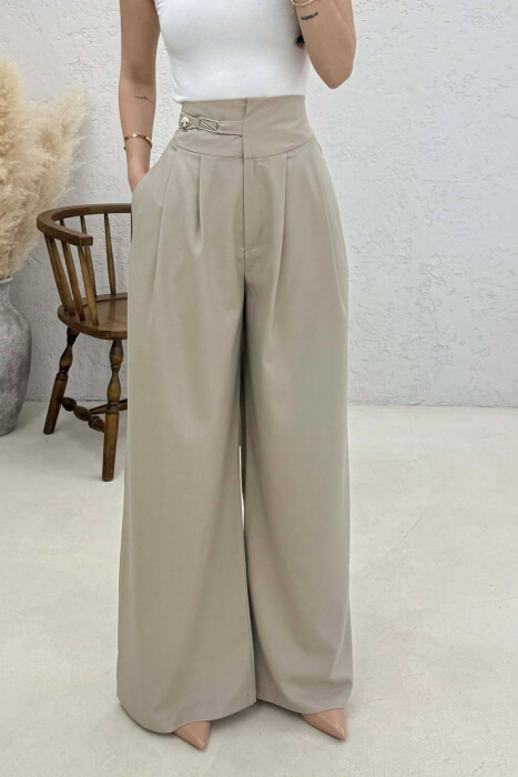 ELASTIC WAIST BELTED WOMEN TROUSERS BEIGE/BEZHE - 4
