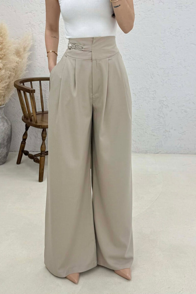 ELASTIC WAIST BELTED WOMEN TROUSERS BEIGE/BEZHE - 4