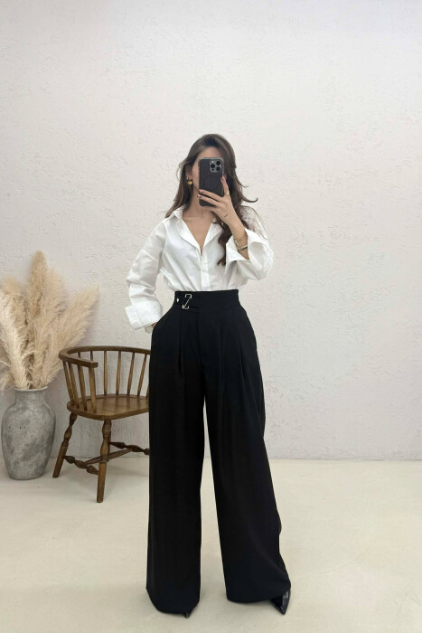 ELASTIC WAIST BELTED WOMEN TROUSERS BLACK/ E ZEZE - 3