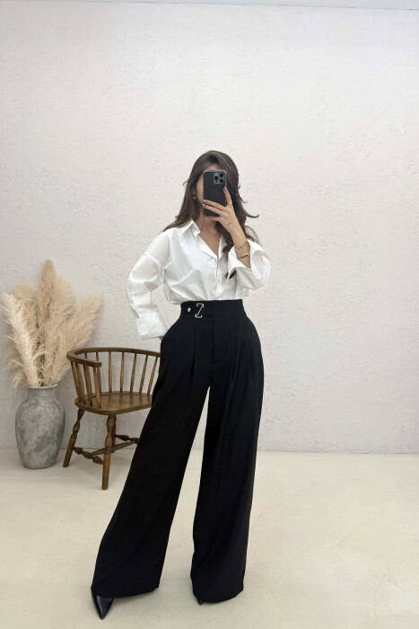 ELASTIC WAIST BELTED WOMEN TROUSERS BLACK/ E ZEZE - 4