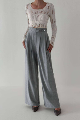 ELASTIC WAIST BELTED WOMEN TROUSERS GREY/GRI 