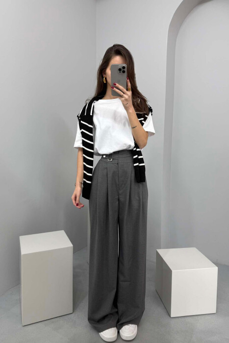 ELASTIC WAIST BELTED WOMEN TROUSERS IN DARK GREY COLOR 