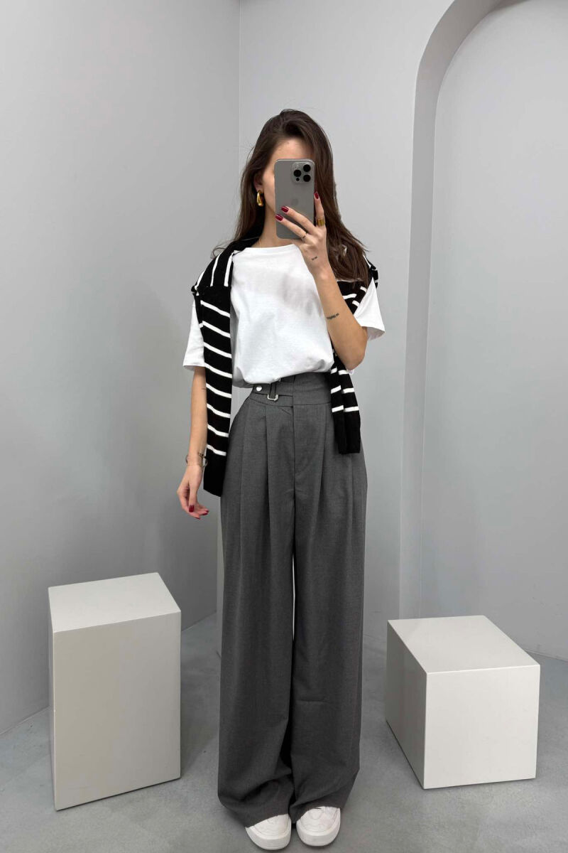 ELASTIC WAIST BELTED WOMEN TROUSERS IN DARK GREY COLOR - 1