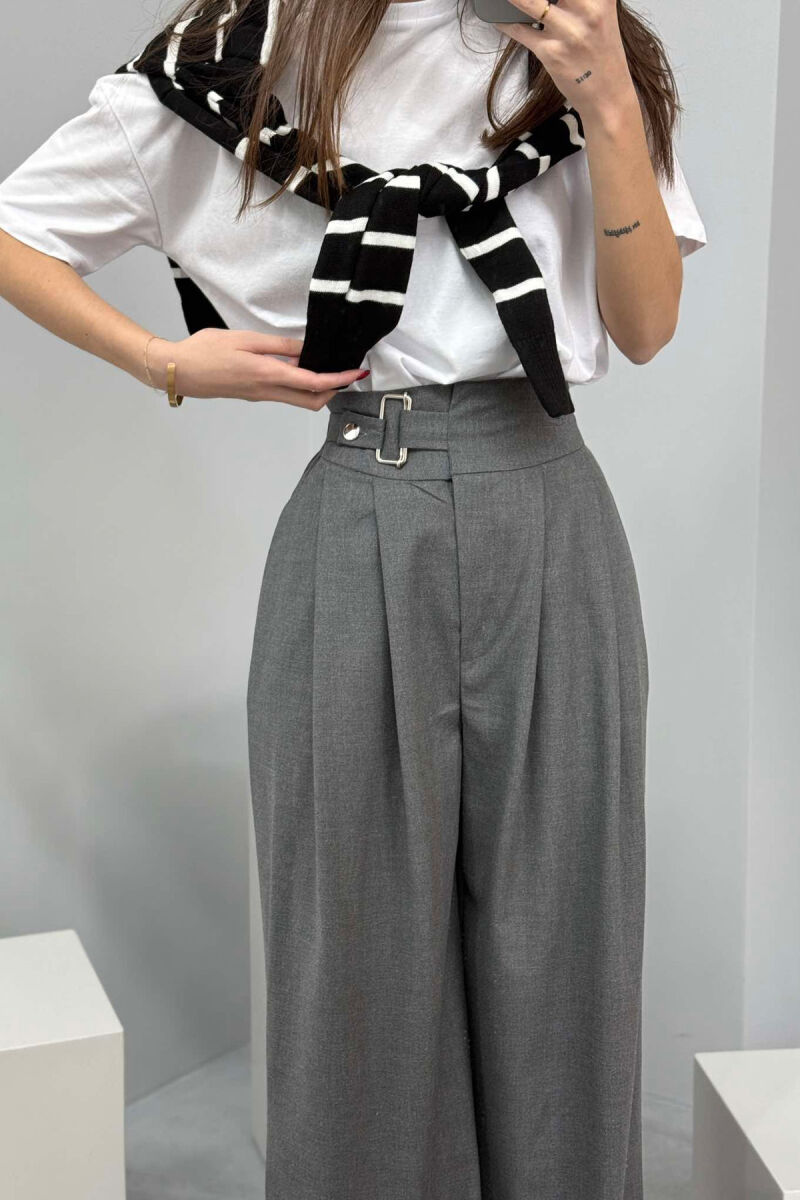 ELASTIC WAIST BELTED WOMEN TROUSERS IN DARK GREY COLOR - 2