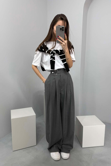 ELASTIC WAIST BELTED WOMEN TROUSERS IN DARK GREY COLOR - 4