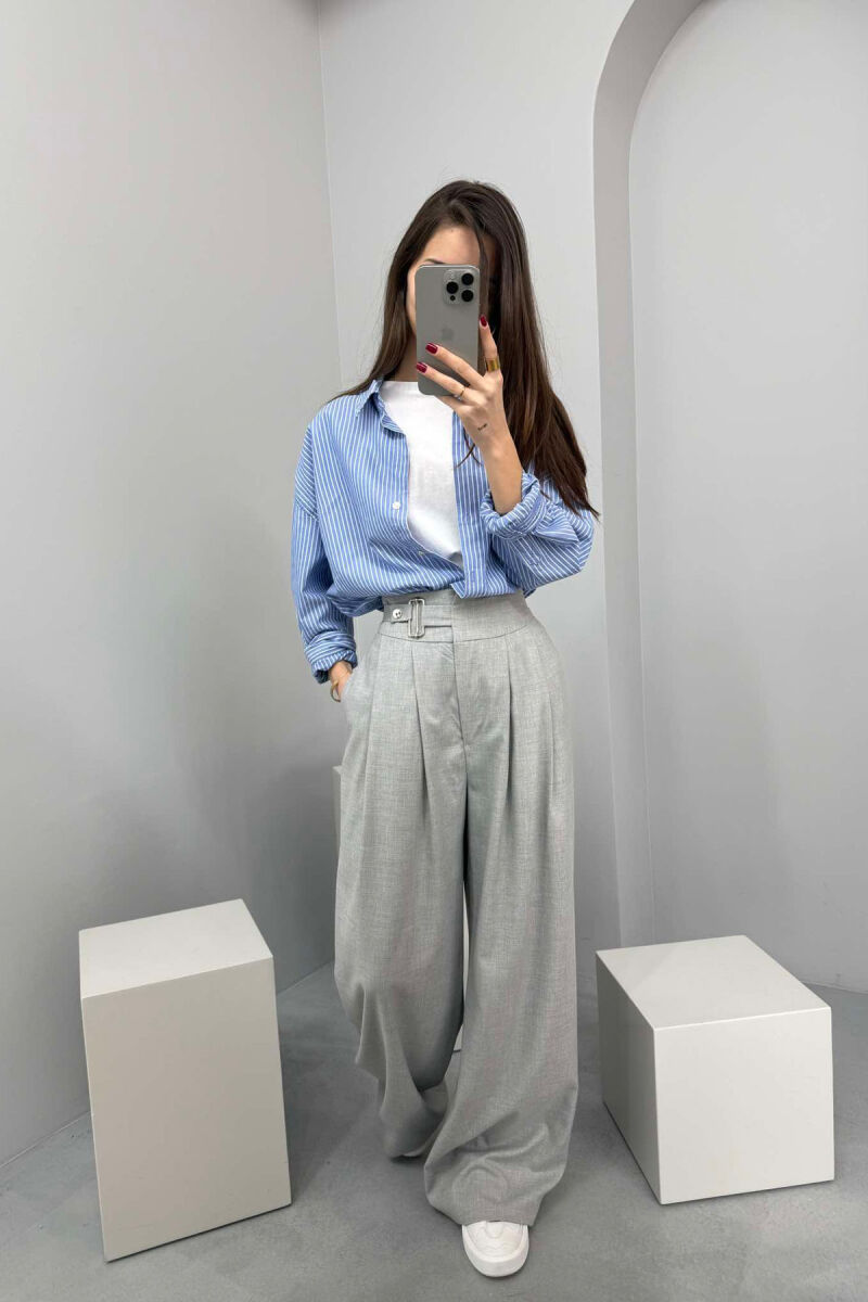 ELASTIC WAIST BELTED WOMEN TROUSERS IN GREY COLOR - 1