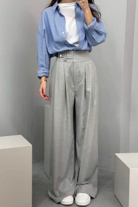 ELASTIC WAIST BELTED WOMEN TROUSERS IN GREY COLOR - 2