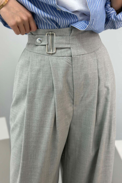 ELASTIC WAIST BELTED WOMEN TROUSERS IN GREY COLOR - 3