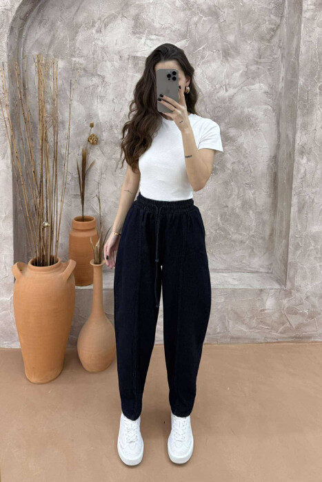 ELASTIC WAIST DENIM WOMEN TROUSERS DARK BLUE/BEE - 1