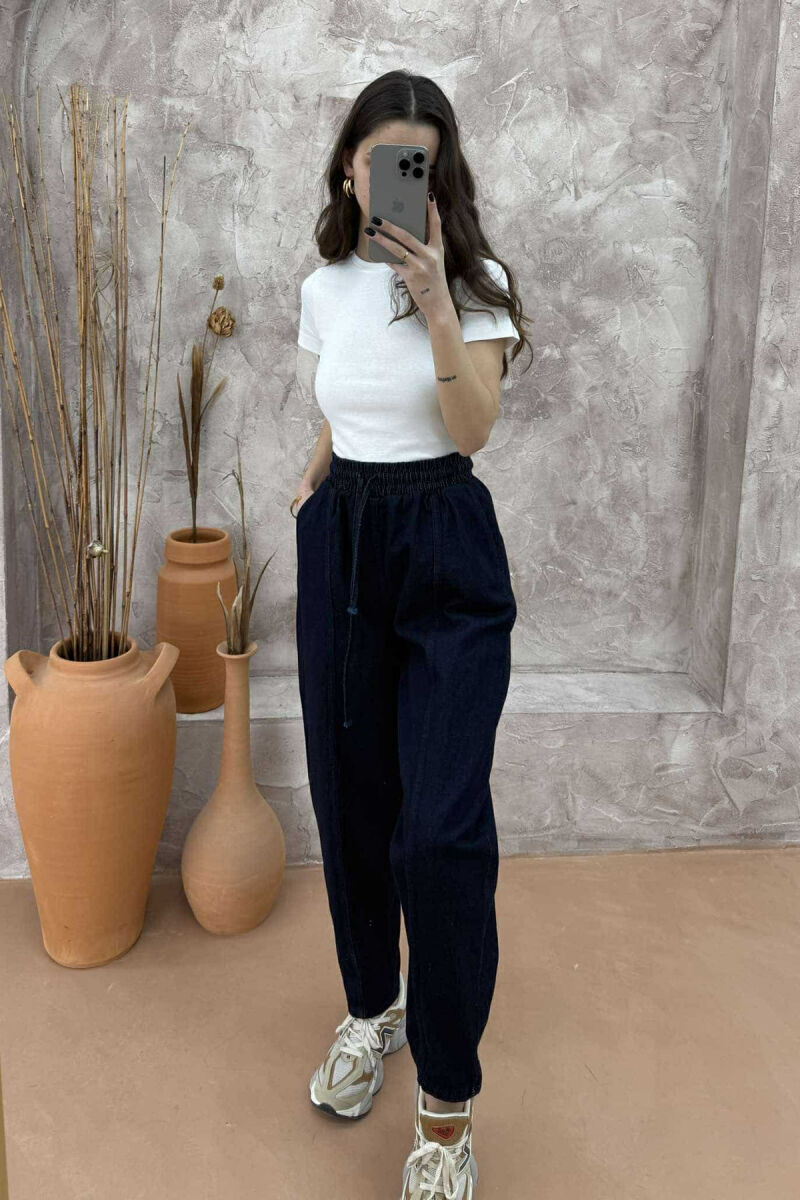 ELASTIC WAIST DENIM WOMEN TROUSERS DARK BLUE/BEE - 2