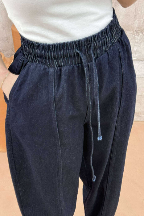 ELASTIC WAIST DENIM WOMEN TROUSERS DARK BLUE/BEE - 3