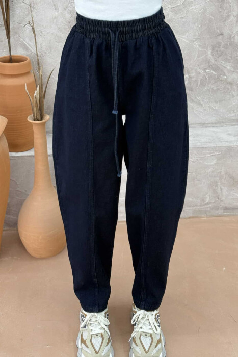 ELASTIC WAIST DENIM WOMEN TROUSERS DARK BLUE/BEE - 4