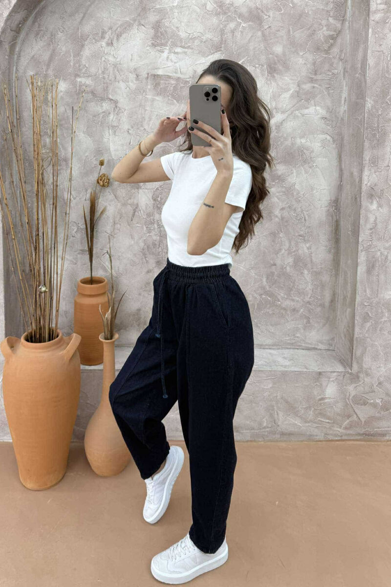 ELASTIC WAIST DENIM WOMEN TROUSERS DARK BLUE/BEE - 5