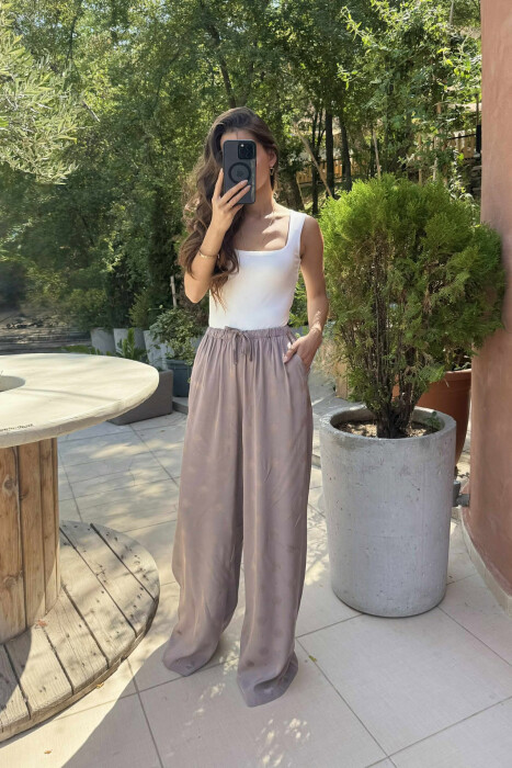 ELASTIC WAIST LACINGS DESIGNED WOMEN TROUSERS LIGHT BROWN/KAZB - 2