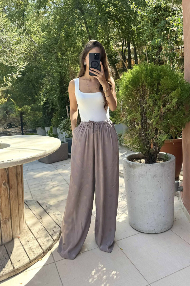 ELASTIC WAIST LACINGS DESIGNED WOMEN TROUSERS LIGHT BROWN/KAZB - 1