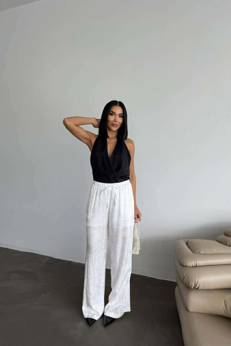 ELASTIC WAIST LACINGS DESIGNED WOMEN TROUSERS WHITE-E BARDHE - 1