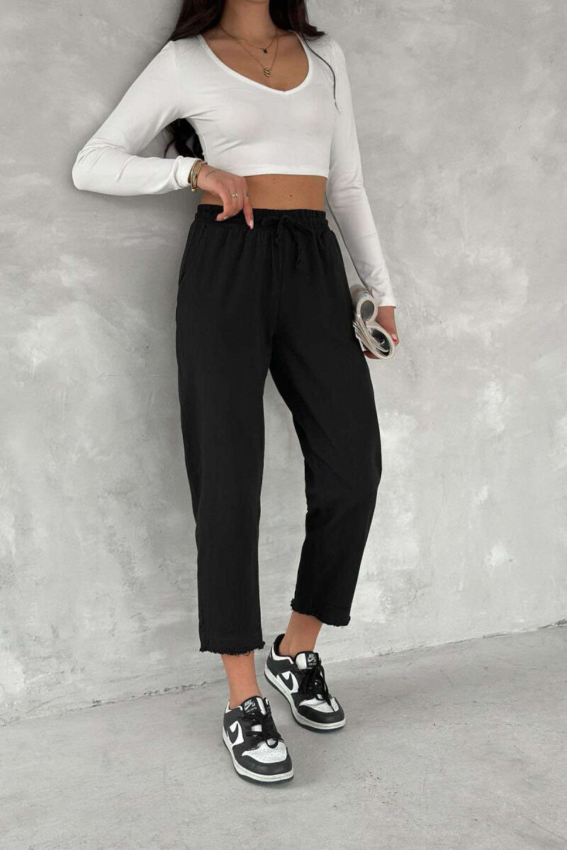 ELASTIC WAIST LACINGS ONE COLOR WOMEN TROUSERS BLACK/ E ZEZE - 1
