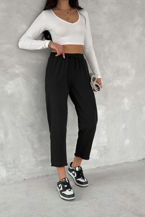 ELASTIC WAIST LACINGS ONE COLOR WOMEN TROUSERS BLACK/ E ZEZE 