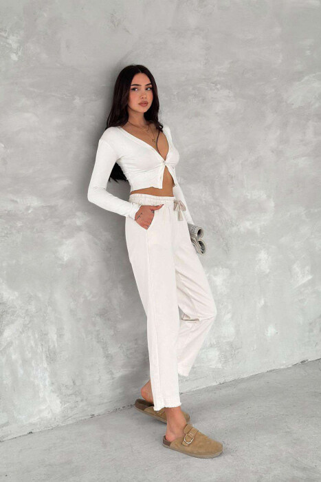 ELASTIC WAIST LACINGS ONE COLOR WOMEN TROUSERS CREAM/KREM - 2
