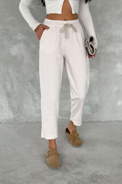ELASTIC WAIST LACINGS ONE COLOR WOMEN TROUSERS CREAM/KREM - 3