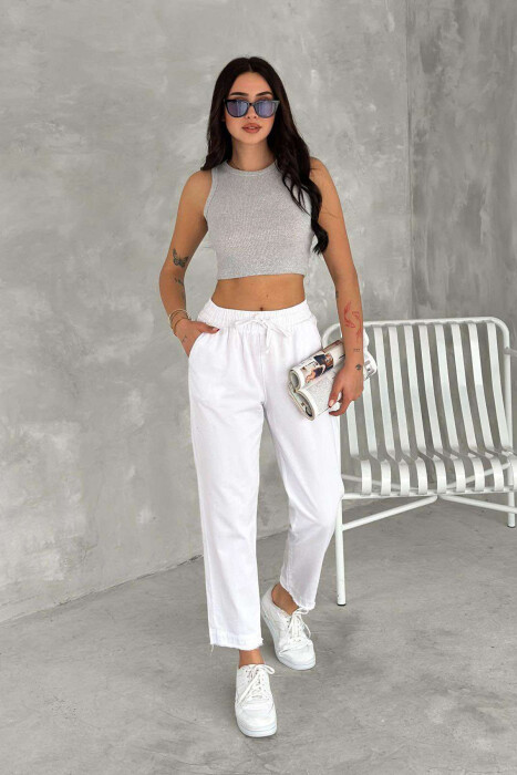 ELASTIC WAIST LACINGS ONE COLOR WOMEN TROUSERS WHITE-E BARDHE 