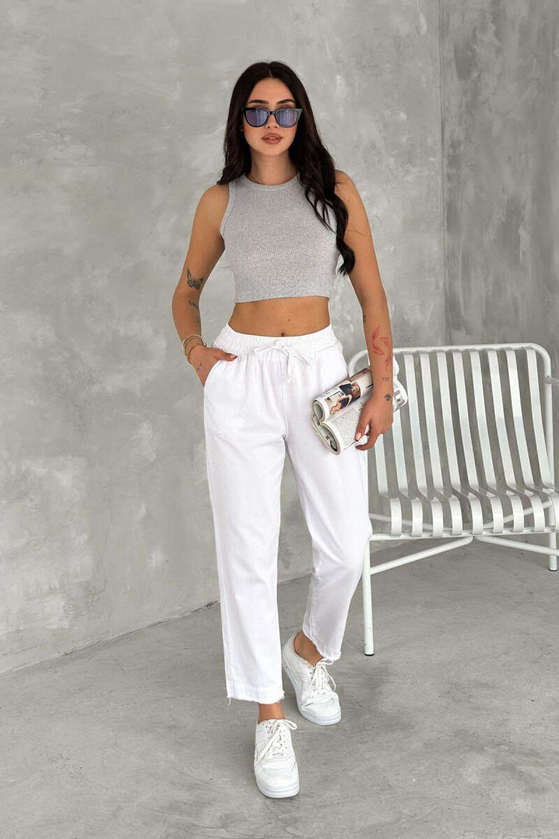 ELASTIC WAIST LACINGS ONE COLOR WOMEN TROUSERS WHITE-E BARDHE - 1