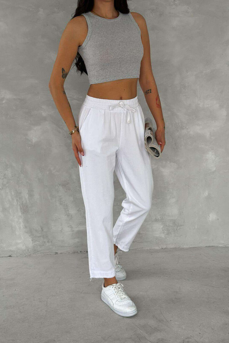 ELASTIC WAIST LACINGS ONE COLOR WOMEN TROUSERS WHITE-E BARDHE - 3